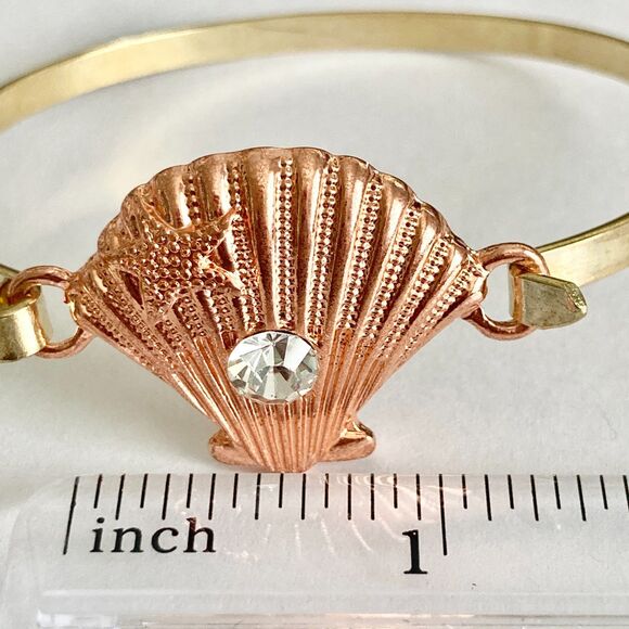 Scallop Sea Shell Bracelet Bangle Nautical Island Beach 7.5" Gold Plated Crystal - Picture 12 of 12